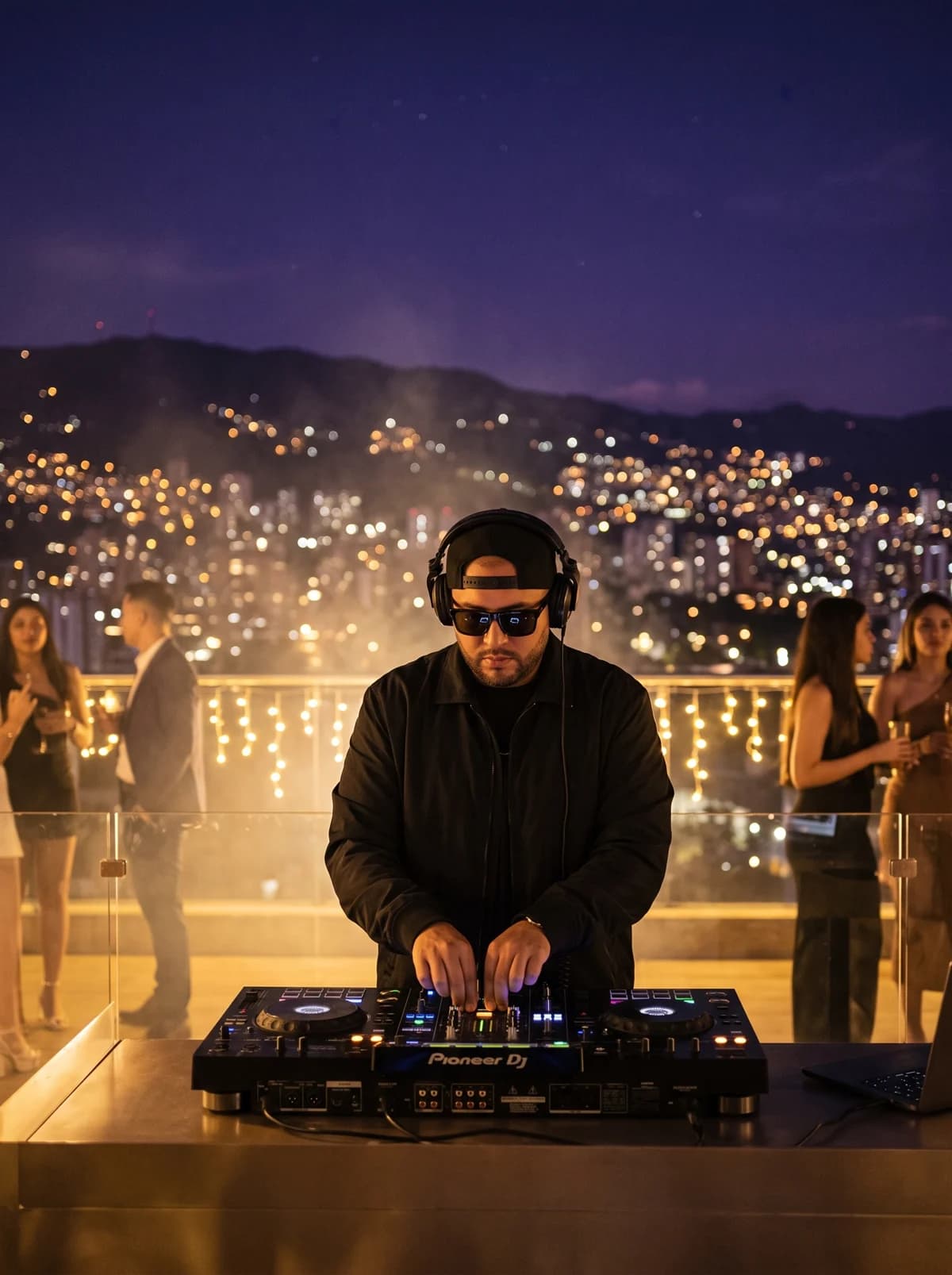 Memo Barrios mezclando en la consola en un rooftop sobre Medellín de noche